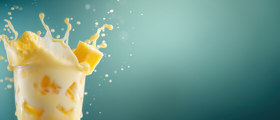 Pina colada cocktail with splashes, on a teal background with copy space for text