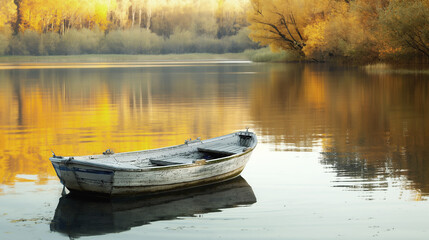 Obraz premium Serene rowboat reflected in autumn, picturesque lake, tranquil nature, fall scenery, outdoor adventure, peaceful landscape concept