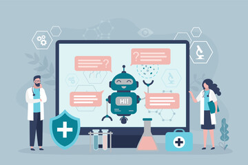 Team of scientist or doctors talking with smart chatbot. Clinical research. Nano tech laboratory. Scientific and medical research and treatment using robot, nanobots,