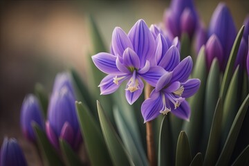 Beautiful spring crocus flowers in the garden. Floral background. ai generative