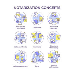 Notarization multi color concept icons. Contract business, notary services. Will and trust. Icon pack. Vector images. Round shape illustrations for infographic, presentation. Abstract idea