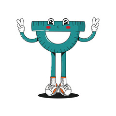 Protractor. Back to school funny groovy retro vintage psychedelic stationery math character. Mascot for stationery, social media, posters, products isolated on white background. Editable stroke.