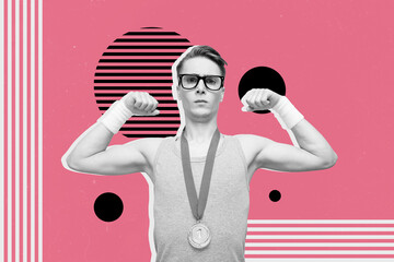 Composite trend artwork image photo collage of copyspace young man geek eyewear student strong muscle show biceps medal win best success