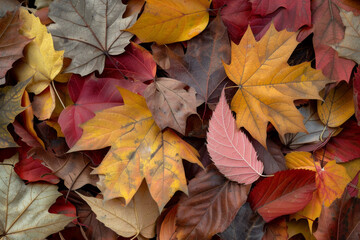 A Close-up of Vibrant Autumn Leaves in Various Colors and Textures