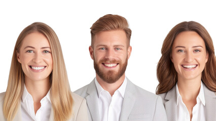 Three people smiling for a photo. The woman is wearing a white shirt and the man is wearing a gray suit. The photo is a happy and friendly one