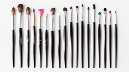 Professional makeup brushes set, neatly arranged, black handle, various brush types, isolated on white, makeup tools concept