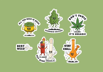 Collection of groovy retro groovy style narcotic drug stickers. Marijuana, weed, cannabis, bud sticker set. Cannabis culture. 70s, 80s, 90s hippie vibe.
