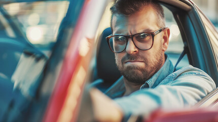 Man showing angry expression, wearing glasses, sitting in car, daytime street scene concept