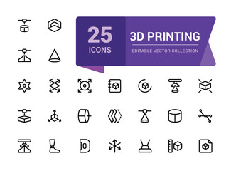 3D printing outline icon set. Print technology editable stroke line symbols. Computer aided design (CAD), digital model, rapid prototyping icon collection.