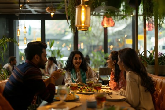 Indian friends, enjoying a restaurant gathering, talking, and sharing a meal.