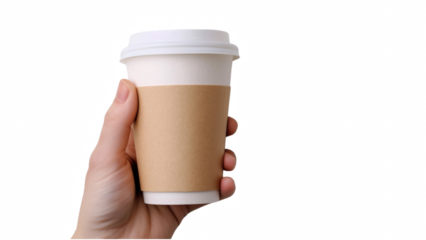 A hand holding a coffee cup with a brown lid. The cup is made of paper and has a white lid