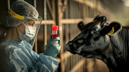 Veterinarian tests cattle on farm, holding tube of cow blood test