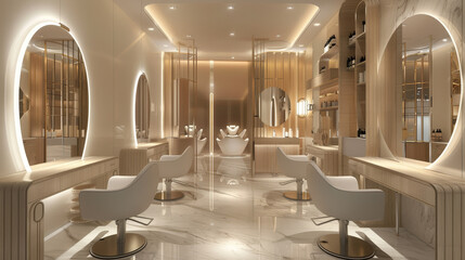 "Elegant beauty salon interior featuring both hairdresser and makeup artist stations within a single space. Includes creatively designed mirrors to enhance the stylish atmosphere."