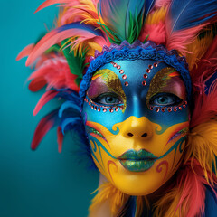 Obraz premium Brazilian flag-themed carnival mask adorned with vibrant sequins and feathers isolated on a gradient background