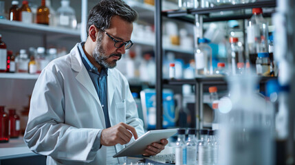 Researcher Analyzing Data on Tablet in Modern Biotechnology Lab
