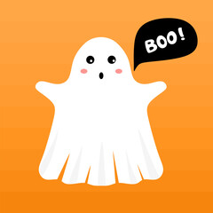Cute kind scary ghost with boo speech bubble. Happy Halloween. Childish spooky boo character for kids. Halloween ghost with scary funny emotion and face expression. Flat vector illustration