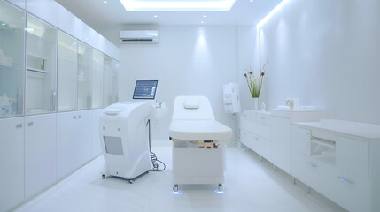 "Sculpt body treatment machine in a pristine white room with a white bed, located in a cosmetology beauty center, clinic, or salon. Represents modern relaxation and skincare methods."