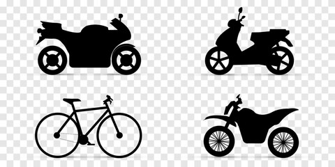 Obraz premium Scooter, a sport bike, a dirt bike, and a road bicycle. These bike silhouettes are perfect for use in various design projects, including websites, mobile apps, posters, and more. Vector illustration .