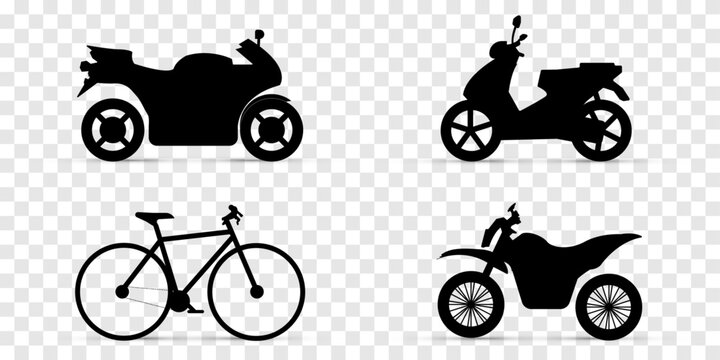 Scooter, a sport bike, a dirt bike, and a road bicycle. These bike silhouettes are perfect for use in various design projects, including websites, mobile apps, posters, and more. Vector illustration .