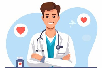 Fototapeta premium Smiling male doctor with a stethoscope light blue background healthcare professionalism and trust in a friendly and approachable illustration style.