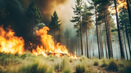 Forest fire in summer, trees burning, smoke billowing