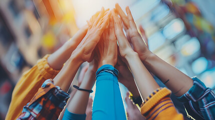 Hands Raised People Cropped Hand Of Child Gesturing Against Clear Blue Sky