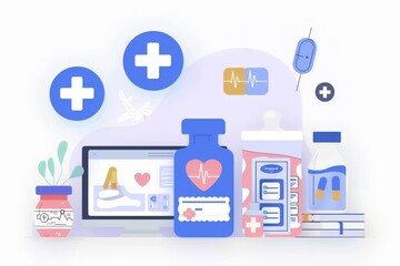 Medical supplies and icons in a modern illustration light blue background representing healthcare technology digital health and organized medical services.
