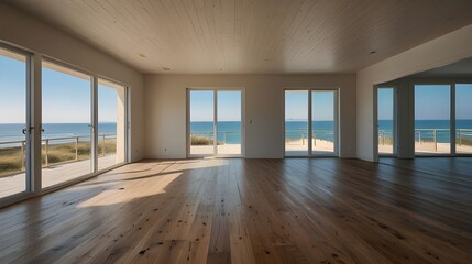 Obraz premium Empty apartment room with wooden floor of beach house. Sea view from windows. Copy space. 