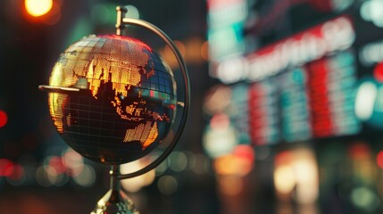 Global Fusion Traditional Globe Stand Embracing Digital Stock Market Ticker Symbolizing the Intersection of Timeless Wisdom and Modern Innovation in Global Finance