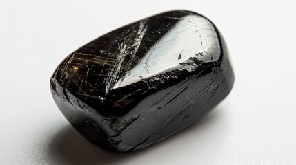 Close Up Photograph of a Single Polished Black Tourmaline Gemstone on White Background for Nature, Healing, and Jewelry Design