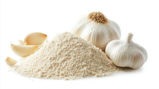 Heap of garlic powder on a white background, close up, side view