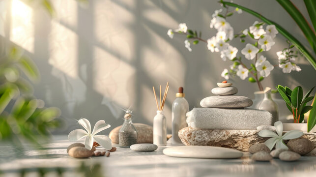 "Composition featuring symbolic objects for a spa salon, including stone therapy tools and other attributes used for cosmetic procedures."