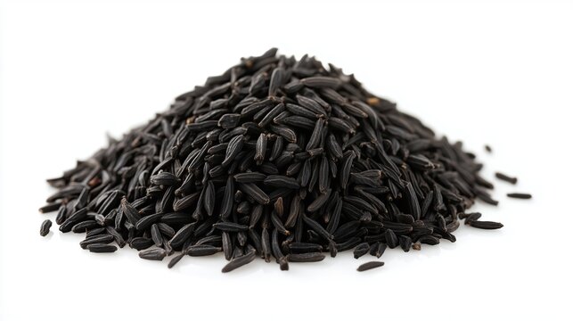 Heap of black cumin seed on white background, close-up, side view