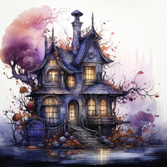 Watercolor Haunted house, clipart Illustration, Generative Ai