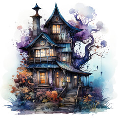 Fototapeta premium Watercolor Haunted house, clipart Illustration, Generative Ai