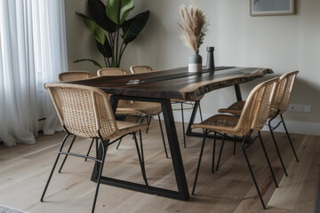 Wooden dining table with woven chairs in modern interior