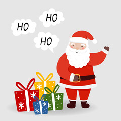 Santa Claus says ho-ho-ho in flat style. Vector illustration isolated for festive designs of banners, covers, advertisements, greeting cards. Concept of Christmas and New Year