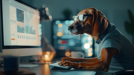 Diligent Canine Conducting Corporate Data Analysis at Workplace Desk