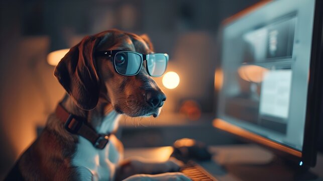 Thoughtful Canine Colleague Browsing Digital Content on Computer