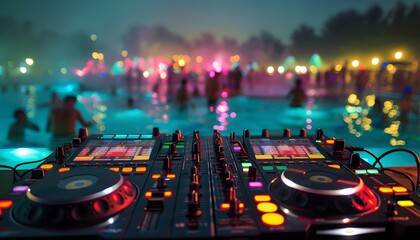 Vibrant Pool Party with DJ at Night