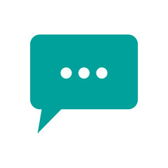 Chat bubble icon. Teal speech box. Message dots vector. Communication symbol.