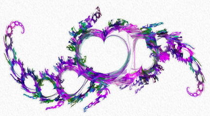 Colorful pattern of hearts forming a chain on a light background. Imitation of oil painting. 3D rendering. 3D illustration.