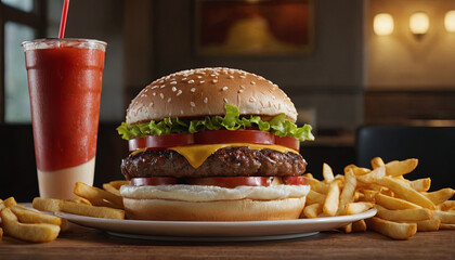 A mouthwatering cheeseburger topped with fresh vegetables sits on a plate alongside crispy fries and a refreshing beverage