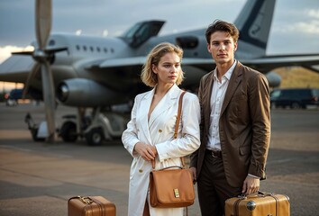 Travelling caucasian couple in front of an airplane