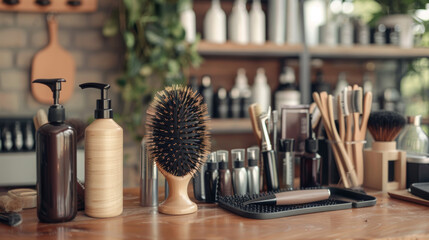 "Various hairdressing tools arranged on a table in a beauty salon, showcasing items such as scissors, combs, and styling products."