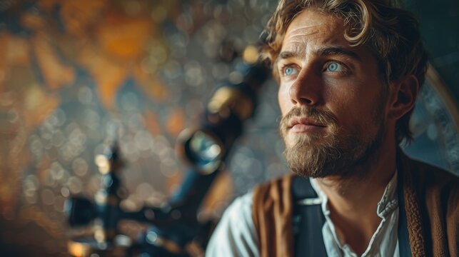 man with a beard and a vest looking up, astronomer, International Astronomy Day - Powered by Adobe