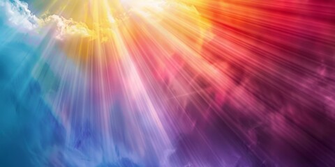 Beautiful vibrant rainbow sunrays beaming through clouds, creating a stunning and colorful sky background.