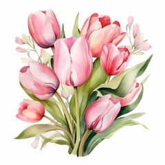 Watercolor Painting of a Bouquet of Pink Tulips