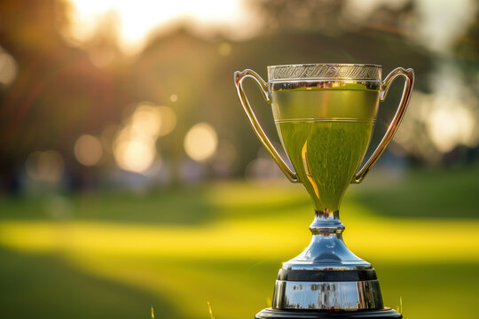 Shiny golf trophy captured in close-up during golden hour at local tournament