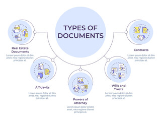 Notarization service documents circular diagram infographic. Real estate, affidavit. Data visualization with 5 options. Hierarchy chart round. Montserrat SemiBold, Lato Regular fonts used